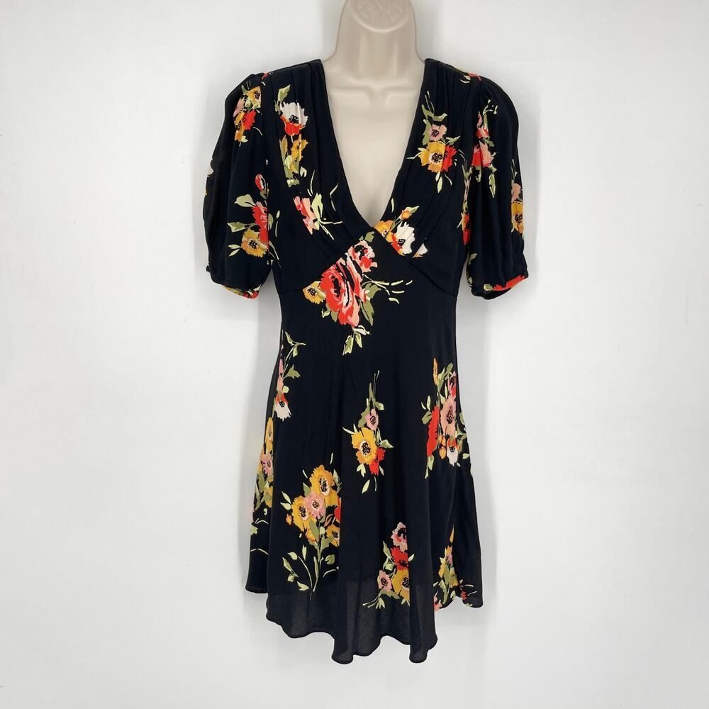 Free People Neon Garden Floral Mini Dress Sz 4 Black Multi Short Sleeve V-Neck
